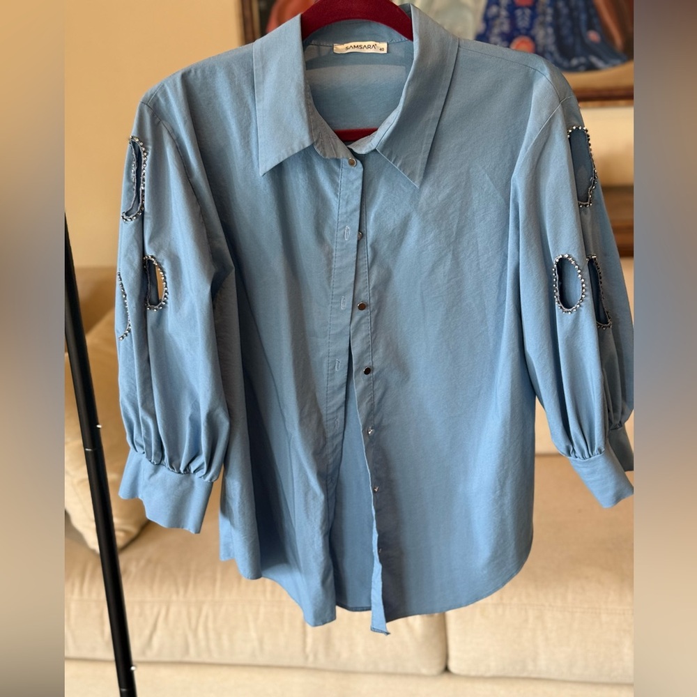 Sara Blue Button-Down Shirt with Cut-Out Sleeves